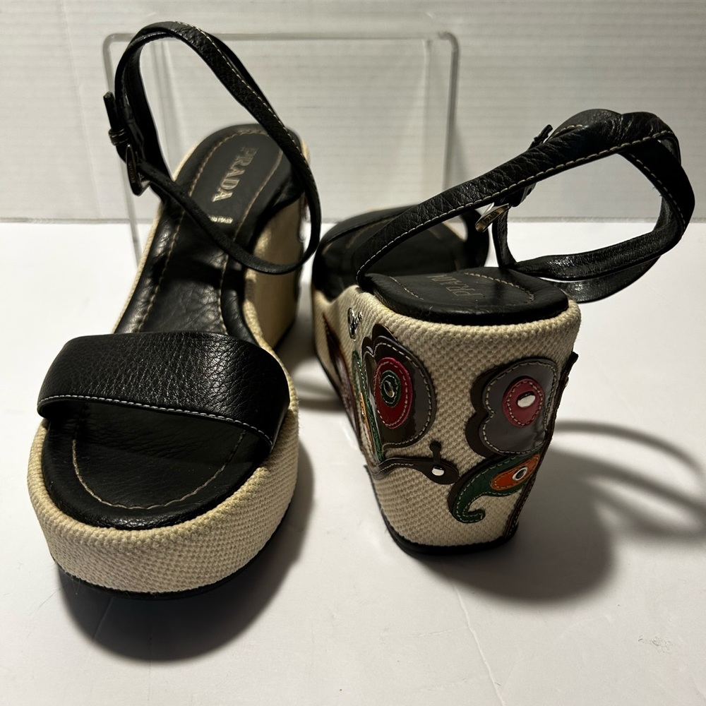 Prada Black and Cream Wedge Sandals with Floral Embroidery - Picture 6 of 10